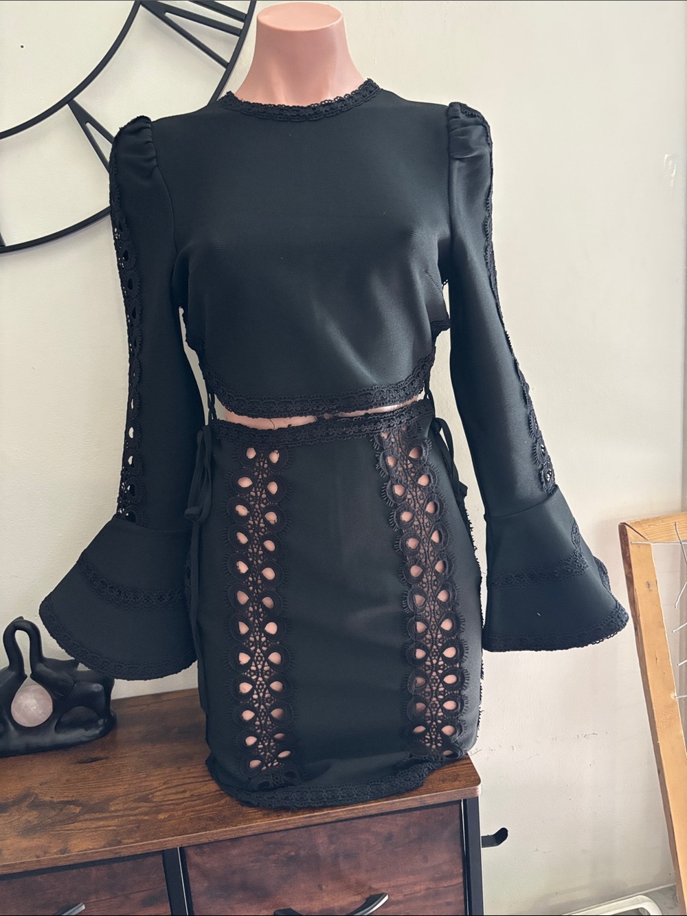 #287 Black Lace-Trim Dress with bell cuff sleeves